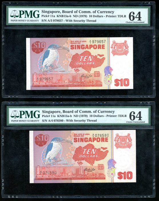  1979年新加坡拾圆一组七枚，部分连号，均PMG64（7） Singapore, a group of 7x $10, ND(1979), includes consecutive runs, (Pi