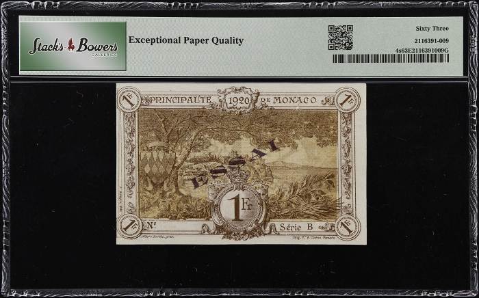  1920年摩纳哥1法郎 PMG Choice Unc 63 MONACO. Principaute de Monaco. 1 Franc