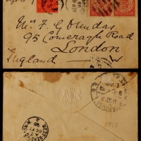  1898年天津寄英国石印蟠龙邮票封，小型西式背“双狮皇冠”图钢印封，正贴石印蟠龙5分左过桥边双连，邮资10分
