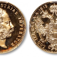  奥匈·奥地利1915年皇帝“弗朗茨约瑟夫一世像”达克特金币一枚，后铸，金盾PCGS MS68+CAM（80707088）