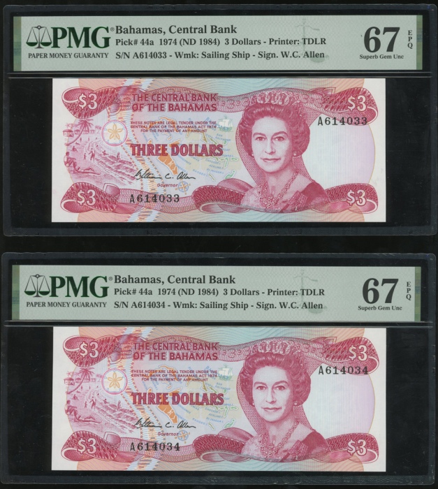  1974（1984）年巴哈马叁圆五枚连号，编号A614031-035，均PMG67EPQ（5） The Central Bank of Bahamas, a consecutive group of 