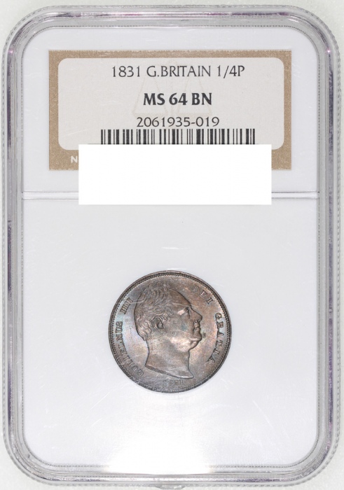  1831年英国1/4便士(法新)铜币，NGC MS64BN，#2061935-019 Great Britain, copper 1/4 penny (farthing), 1831, NGC MS6