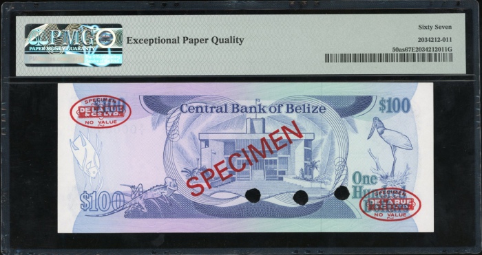  1983年贝里斯一佰圆样票，编号X/1 000000，PMG67EPQ，少见 Central Bank of Belize, specimen $100, 1983, serial number X/