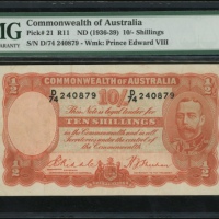  1936-39年澳大利亚拾先令，编号D/74 240879，PMG30EPQ Commonwealth of Australia, 10 shillings, ND(1936-39), serial 