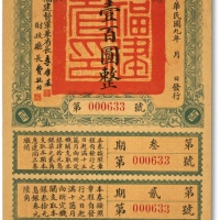  民国九年（1920年）福建省金库有利证券壹百圆，由福建督军兼省长李厚基发行，纸张硬挺，色彩浓郁纯正，少见极佳品相，全新