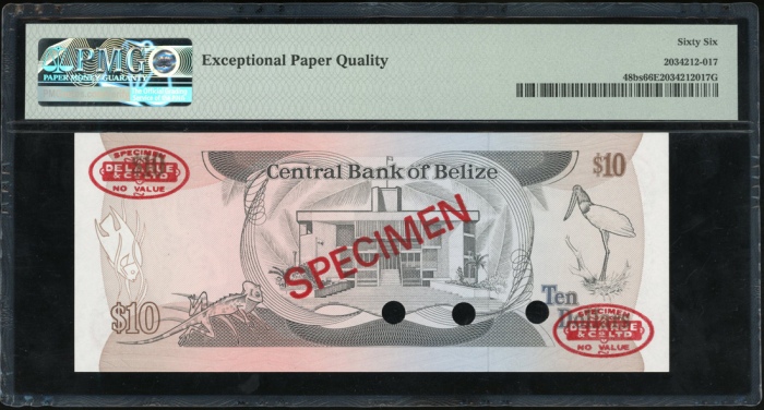  1989年贝里斯拾圆样票，编号P/6 000000，PMG66EPQ Central Bank of Belize, specimen $10, 1989, serial number P/6 000