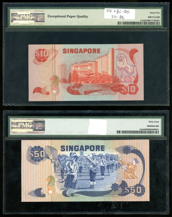  1979年新加坡拾、伍拾圆各一枚，均PMG64-65EPQ（2） Singapore, $10 and $50, ND (1979), (Pick 11a, 13a), PMG 65EPQ, 64 (