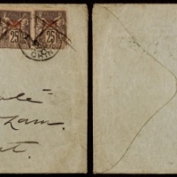  1899年四川重庆寄英国封，小型西式封左边贴花体基督教宣传票一枚，右上贴法国客邮加盖“Chine”和平和商务神像25分两枚