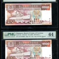  1995年新加坡一佰圆三枚连号，编号A/34 923898-900，均PMG64（3） Singapore, a consecutive trio of $100, ND(1995), serial 