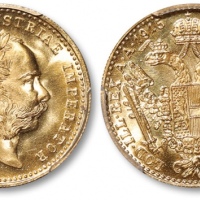  奥匈·奥地利1915年皇帝“弗朗茨约瑟夫一世像”达克特金币一枚，后铸，金盾PCGS MS68（85925431）