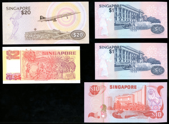 1976-91年新加坡纸币一组五枚,一至贰拾圆,编号F/94 693347-48、B/51 829884、A/53 249547及CU226083,均UNC(5) Singapore, a group 1976-91年新加坡纸币一组五枚,一至贰拾圆,编号F/94 693347-48、B/51 829884、A/53 249547及CU226083,均UNC(5) Singapore, a group