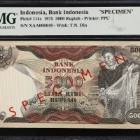  1975年印度尼西亚银行5000卢比 PMG Choice Unc 64 INDONESIA. Bank Indonesia. 5000 Rupiah