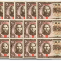 民国三十年（1941年）中央银行德纳罗版伍圆共16枚连号，纸张硬挺，色彩浓艳，原汁原味，九八至全新