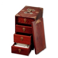  清民上海木制钱柜一只，内含清明铜元约800余枚，柜内抽屉错落有致，构思巧妙，用料厚重扎实，做工精良，内中铜元分门别类，由前辈手书纸包，可见收藏之用心，甚为难得，保存颇佳，沪上前辈藏家旧藏，整体约极美至