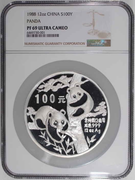  1988年中国熊猫100元精铸银币，重12安士，NGC PF69 Ultra Cameo，#6469730-001，附原盒及证书，发行5000枚，少见大型熊猫币