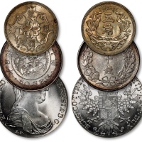  各国钱币共三枚不同，详分：日本明治三十七年五十钱银币一枚；蒙疆银行五角镍币一枚；后铸奥地利玛丽亚·特雷西亚女皇像泰勒银币一枚；打制清晰规范，状态自然，近未至完全未使用品