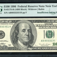  1996年美国一佰圆错体，编号油墨不足，编号AB89332351H，PMG64 United States, Federal Reserve Note New York, $100, ERROR NO