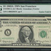  1963年美国一圆错体，摺白，编号L46022657C，PMG30EPQ United States, Federal Reserve Note, San Francisco, $1, ERROR N