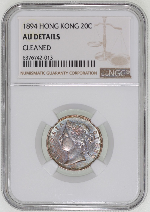  1894年香港2毫，带均匀包浆，NGC AU Details有清洗，#6376742-013 Hong Kong, silver 20 cents, 1894, Victoria on obverse