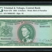  1964年千里达及托巴哥伍圆，编号M688105，PMG50 Trinida & Tobago, $5, 1964, serial number M688105, (Pick 27b), PMG 50