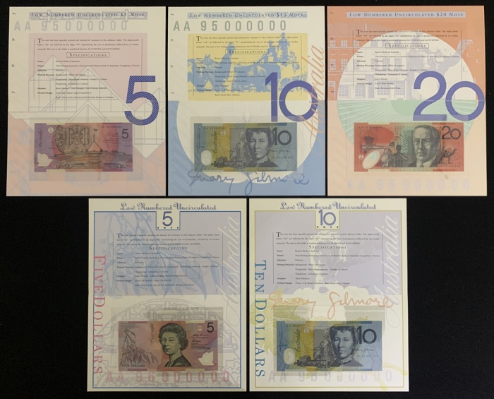 1994-96年澳大利亚一组八枚细编号纸币,含原销售套装,均UNC(8) Australia, Reserve Bank of Australia, a group of 8 notes, consi 1994-96年澳大利亚一组八枚细编号纸币,含原销售套装,均UNC(8) Australia, Reserve Bank of Australia, a group of 8 notes, consi