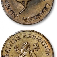  1964年澳大利亚英国博览会·泰勒和查伦（退辣车伦）铸币机械公司广告章一枚，黄铜，打制规范深峻，图案立体饱满，淡灰色包浆，底光柔亮，金盾PCGS UNC Detail（88393441）