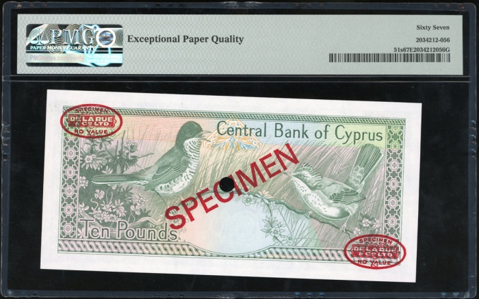  1987年赛普勒斯拾镑样票，编号T000000，PMG67EPQ Central Bank of Cyprus, specimen £10, 1987, serial number T000000, 