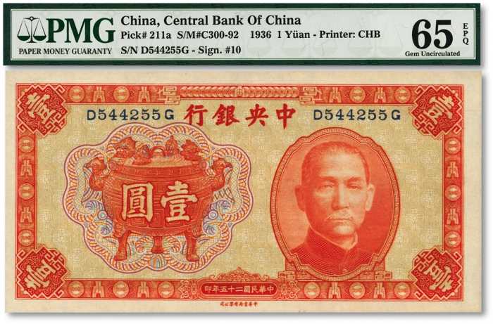  民国二十五年（1936年）中央银行中华版宝鼎图壹圆，纸张硬挺，纹理清晰，色彩浓艳，原汁原味，海外藏家出品，全新