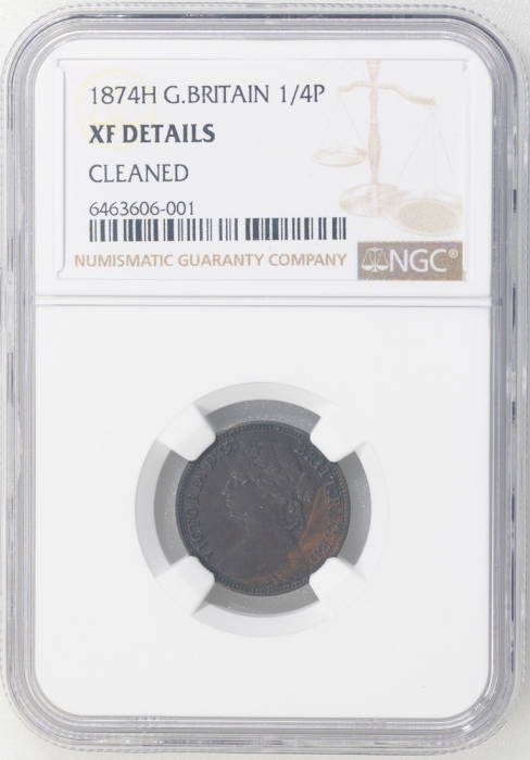  1874H英国1/4便士，G/G版别，NGC XF Details有清洗，#6463606-001 Great Britain, 1/4 penny, 1874H, G/G variety, NGC 