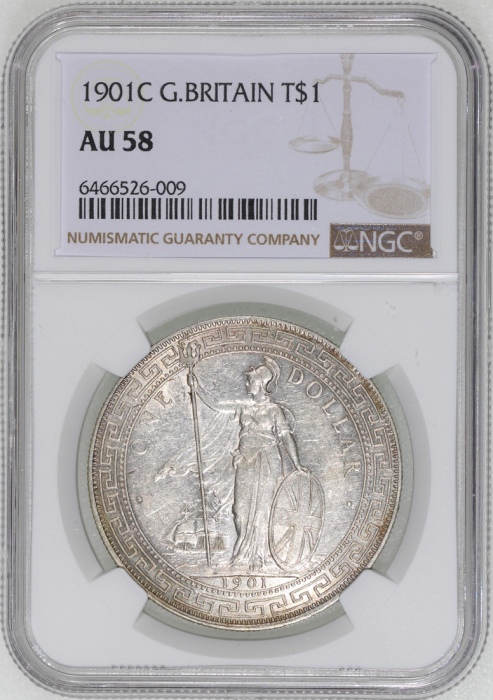 1901C英国贸易银元，NGC AU58，带原光，#6466526-009. Great Britain, silver trade dollar, 1901C, NGC AU58, with ori