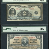  加拿大纸币一组三枚，包含1935年法文版贰圆及1937年一佰圆，金PMG25-35（3） Banque du Canada, $2, 1935, "French", serial number F74