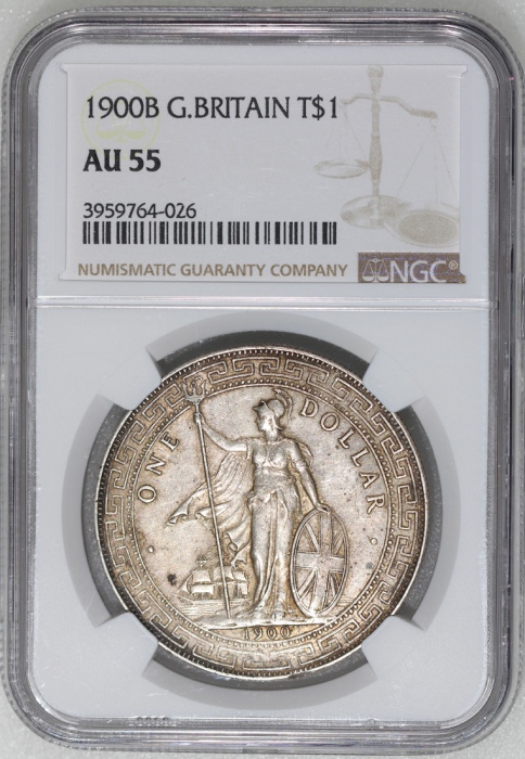  1909B英国贸易银元，NGC AU55，#3959764-026 Great Brtiain, Trade Dollar, $1, 1909B, NGC AU55. #3959764-026
