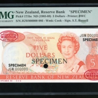  1985-89年纽西兰伍圆样票，编号JGW000000，PMG67EPQ, 少见 Reserve Bank of New Zealand, specimen $5, ND (1985-89), ser