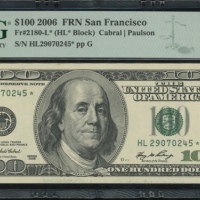  2006年美国一佰圆补版，编号HL29070245*，PMG66EPQ United States, Federal Reserve Star Note, $100, 2006, FRN San Fr