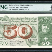  1974年瑞士伍拾法郎，编号46F 12085，PMG64EPQ Switzerland, 50 franken, 1974, serial number 46F 12085, (Pick 48n),