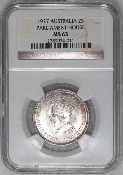  1927年澳洲佛罗林(2先令)银币，国会大厦开幕纪念，NGC MS63，#2789034-011 Australia, 1 florin = 2 shillings, 1927, Opening of