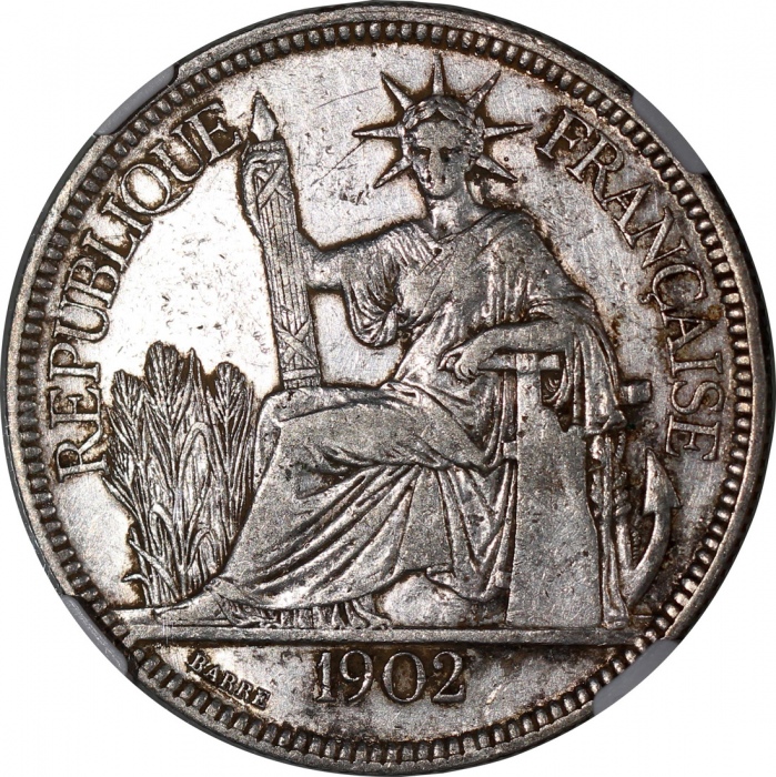  法属安南贸易银元3枚一组，包括1893A，1902A及1903A，均评NGC AU Details，1903A有严重清洗，其餘有清洗，6375413-001，6375934-006及6375413-0