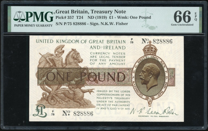  1919年英国一镑国库劵，编号P/75 828886，PMG66EPQ，暂时PMG最高分之一 Great Britain, Treasury Note, £1, ND (1919), serial n