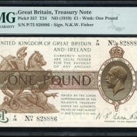  1919年英国一镑国库劵，编号P/75 828886，PMG66EPQ，暂时PMG最高分之一 Great Britain, Treasury Note, £1, ND (1919), serial n