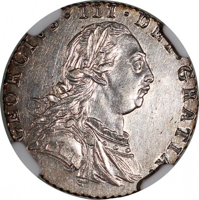  英国钱币5枚一组，包括1762/3年3便士，1787及1816年6便士，1787年1先令，及1817年1/2克朗大肖像版，首二枚评NGC UNC Details有清洗，其餘分别MS64，MS62及MS