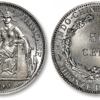  1946年法属安南自由女神坐像50分银币签字版样币一枚，打制规范深峻，细节清晰分明，底版平滑光洁，光泽旋转柔亮，状态上佳，金盾PCGS SP65(28790473)