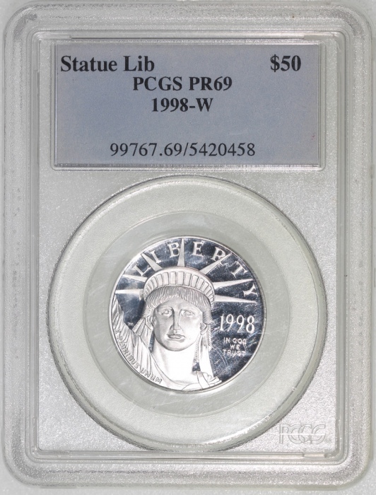  1998-W美国铂金50元精铸币，PCGS PR69，#5420458 United States of America, platinum proof $50, 1998-W, 1/2 oz, St