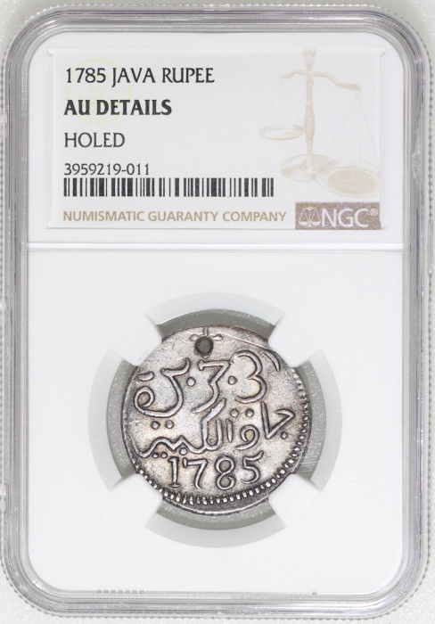  1785年荷属印尼爪哇卢比银币，NGC AU Details (有孔)，RRR，#3959219-011 Netherlands Indies, Java, silver rupee, 1785, N