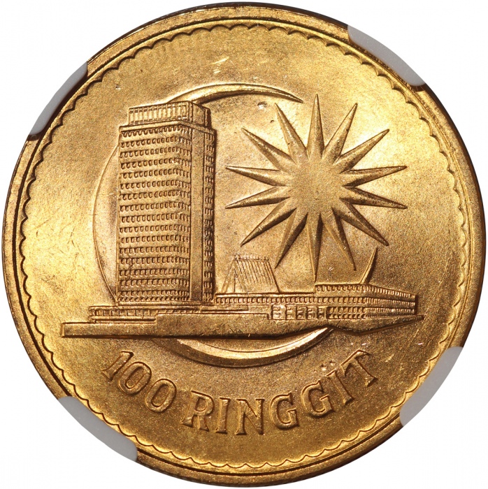  1971年马来西亚100令吉金币，含0.55安士金，NGC UNC Details ，背面有划痕，#6138404-004 Malaysia, gold 100 Ringgit, 1971, Abdu