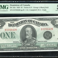  1923年加拿大一圆，编号E5758420，PMG50 Dominion of Canada, $1, 1923, serial number E5758420, (DC-25o), PMG 50.
