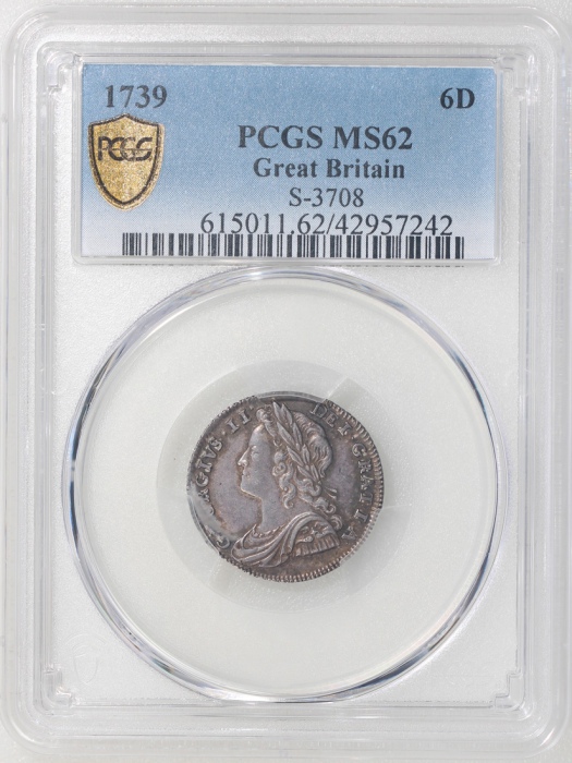  1739年英国6便士银币，O/R版别，PCGS MS62，#42957242 Great Britain, silver 6 pences, 1739, O/R variety, (S-3708), 