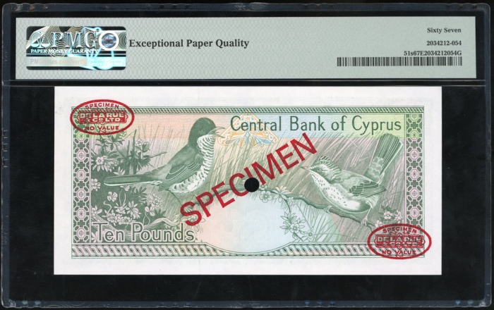  1987年赛普勒斯拾镑样票，编号T000000，PMG67EPQ Central Bank of Cyprus, specimen £10, 1987, serial number T000000, 