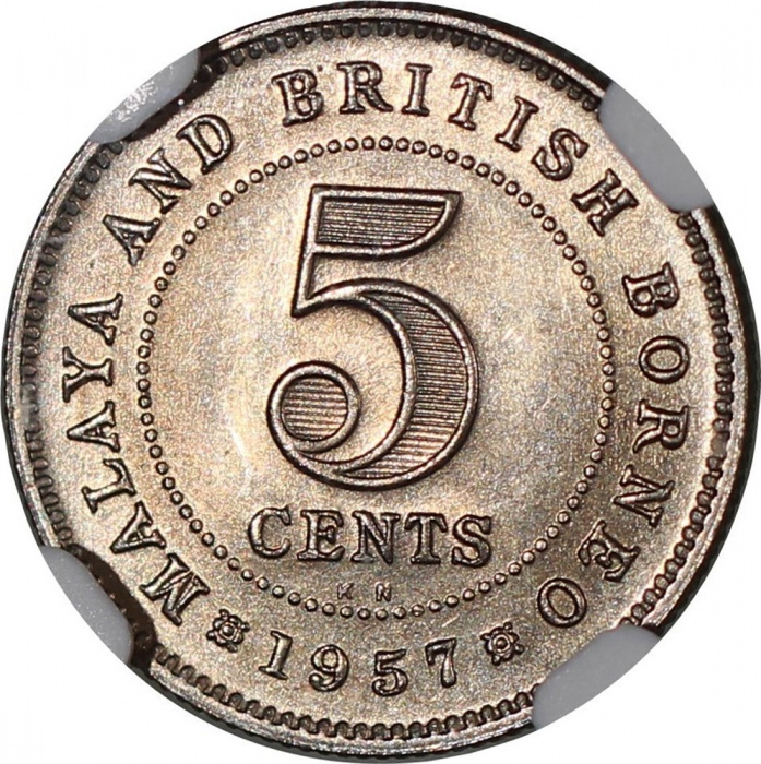  1957-KN马来亚及英属婆罗洲钱币3枚一组，包括5仙，1毫及2毫，均NGC MS64，#3359155-001, 3359130-013, 3359128-001 Malaya & British 