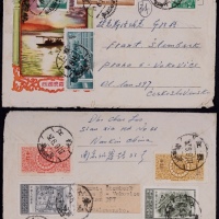  1957年南京寄捷克布拉格平信超重封，“西湖晚霞”美术封，贴纪40汽车厂、特17储蓄各2全、特16-4分两枚、普8-2分两枚