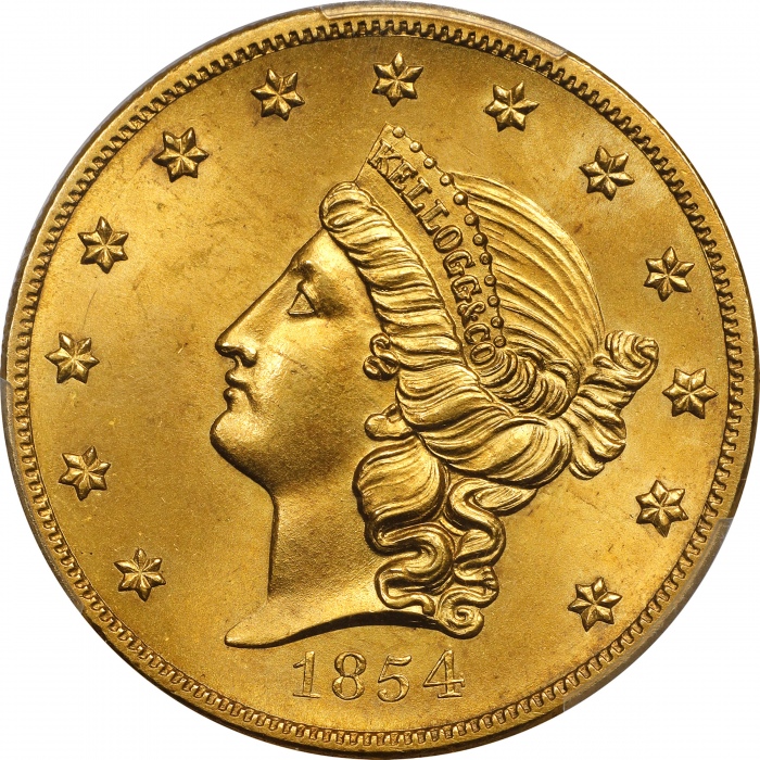  1854凯洛格公司20美金 PCGS MS 65 1854 Kellogg & Co. $20